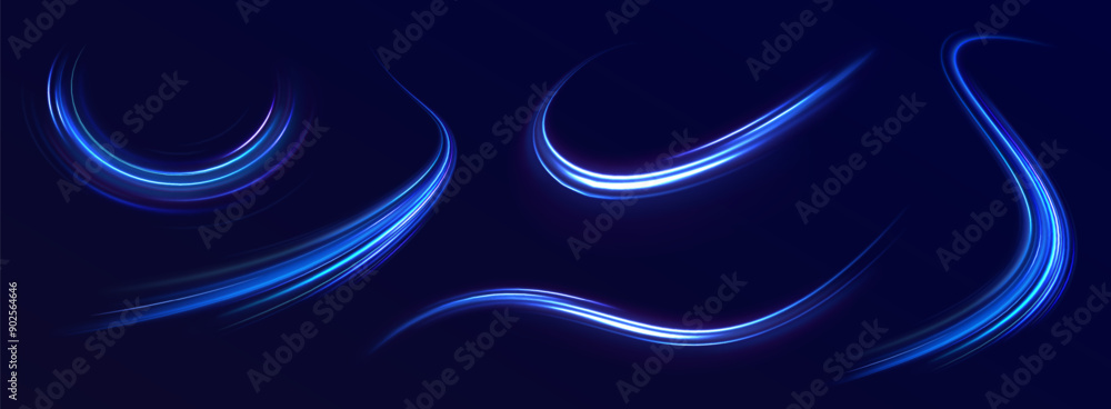 Wall mural Luminous blue lines speed. Neon color glowing lines background, high-speed light trails effect. Futuristic dynamic motion technology.