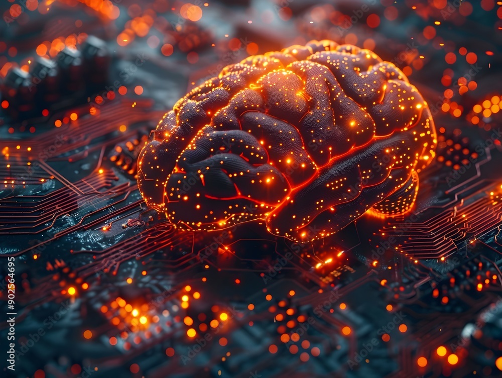 Poster interconnected brain and technology concept with glowing neurons and circuits