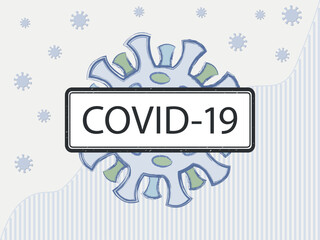 COVID-19 inscription on the sign. Against the background of COVID-19 case statistics. Illustration for a news story about covid and its new strains. Different colors of the spikes symbolize mutations.