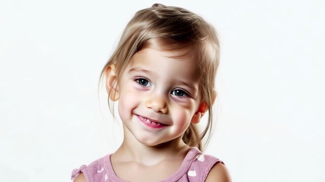 Funny little girl on white isolated background. Pretty blond child model. Happy childhood concept. Beautiful cute children photo at kindergarten. Joy positive nice kid. 5 years old.