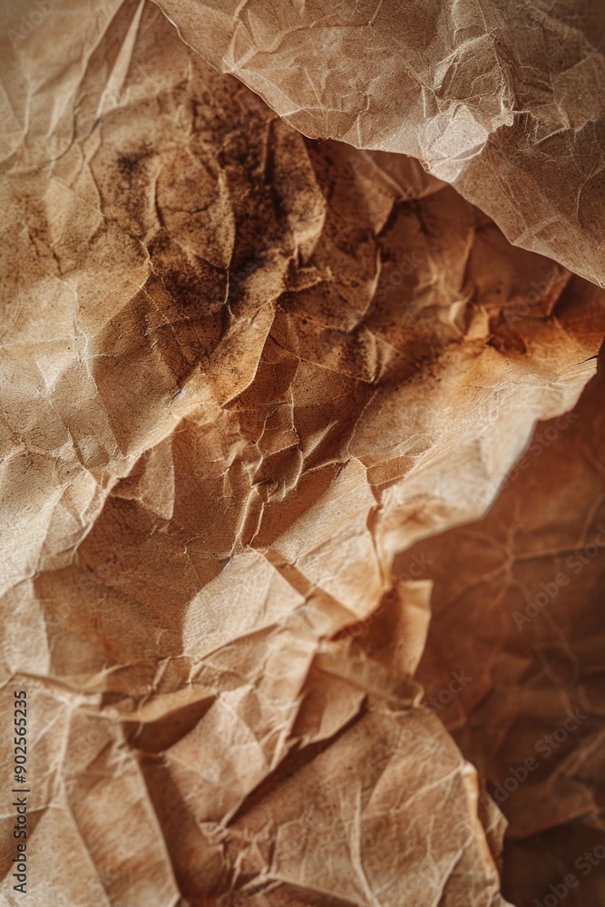 Poster a detailed view of a piece of brown paper with texture and creases
