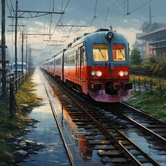 Obraz premium A vintage red and white train passes through a small town on a rainy day. The platform is wet, and there is a reflection of the train in the puddles, capturing the nostalgia of train travel.