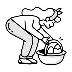 Girl picking easter basket filled with eggs, doodle icon 

