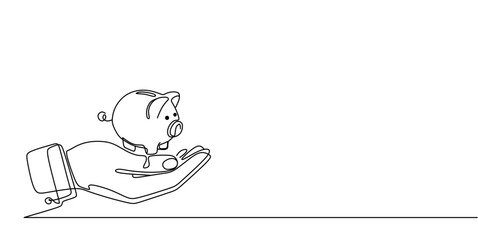 One continuous line drawing of piggy bank in hand. Vector illustration.