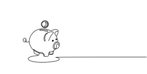 One continuous line drawing of piggy bank with coin