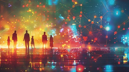 Obraz premium A colorful depiction of a global network of scientists collaborating through digital platforms