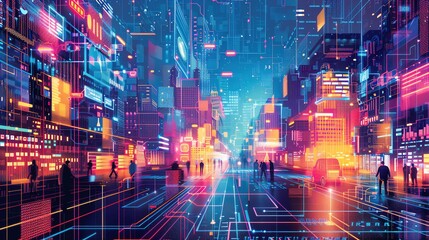 Obraz premium A colorful illustration of a global network of AI systems enhancing various aspects of daily life, more clarity with clear light and sharp focus, high detailed