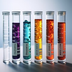 An image of a laboratory glassware with colorful liquids on table. The glassware is arranged in a row and lit from the side. The image is suitable for stock agencies.