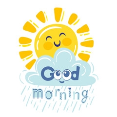 Happy smiling sun, rainy clouds, summer symbol, weather sign, logo design, childish clip art element. Hand drawn vector illustration of smiling sun and cloud for print