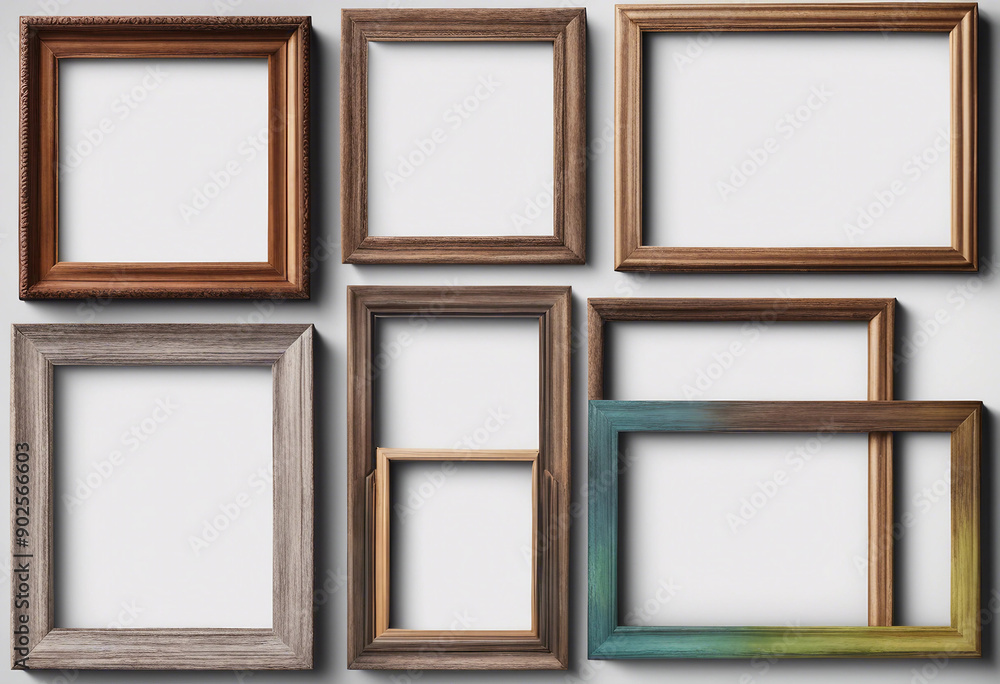 Poster set of various multicolour empty wooden picture frame blank mock-up isolated on transparent backgrou