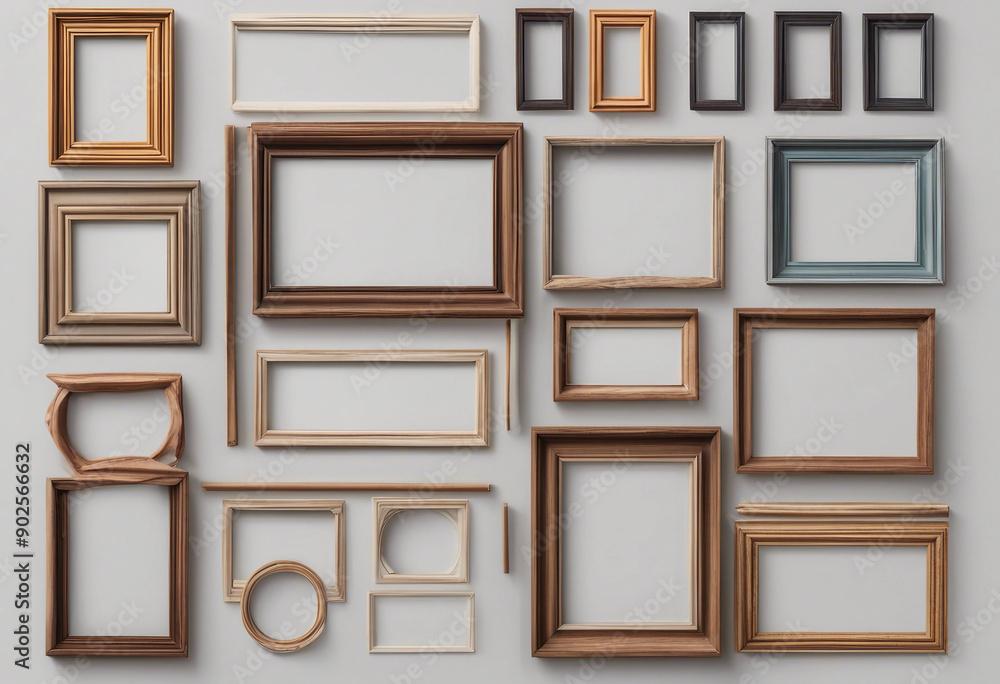 Poster set of various multicolour empty wooden picture frame blank mock-up isolated on transparent backgrou