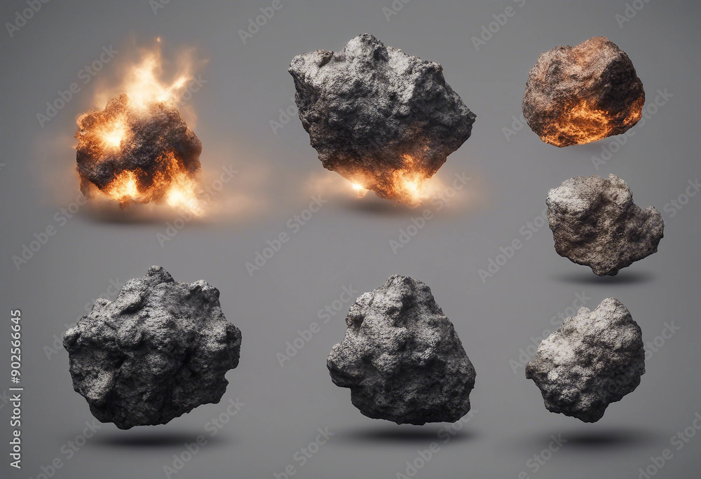 Poster set of various realistic large comet meteorites burns isolated on transparent background