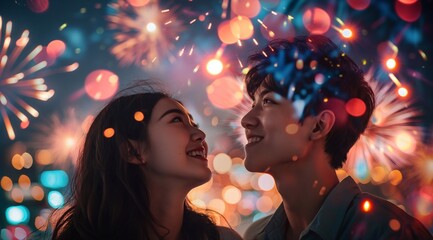Young korean couple looking up at fireworks, summer, providing copy space for text.