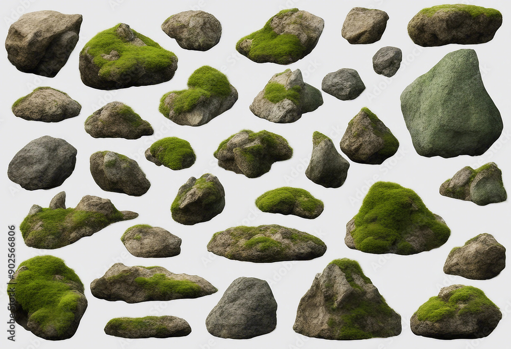 Poster set of various realistic natural rocks with green moss around isolated on transparent background