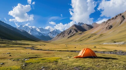 Tourist camp in the mountains, tent in the foreground