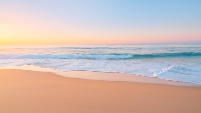 Beautiful Sunrise Seamless Horizon with Soft Waves on Serene Sandy Beach, Tranquil Ocean Landscape, Perfect for Summer Travel, Coastal Relaxation, and Calm Nature Backgrounds