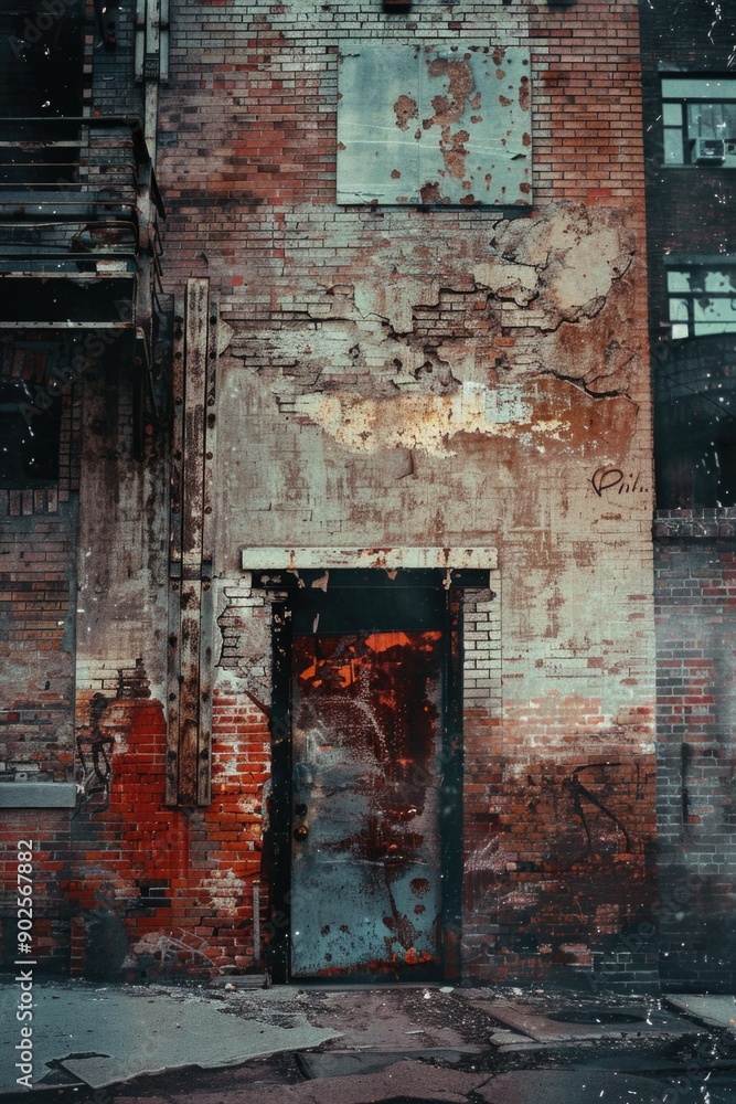 Poster a fire hydrant stands in front of a brick building with a classic facade