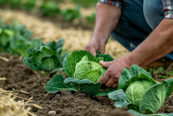 a farmer is harvesting cabbage in the garden