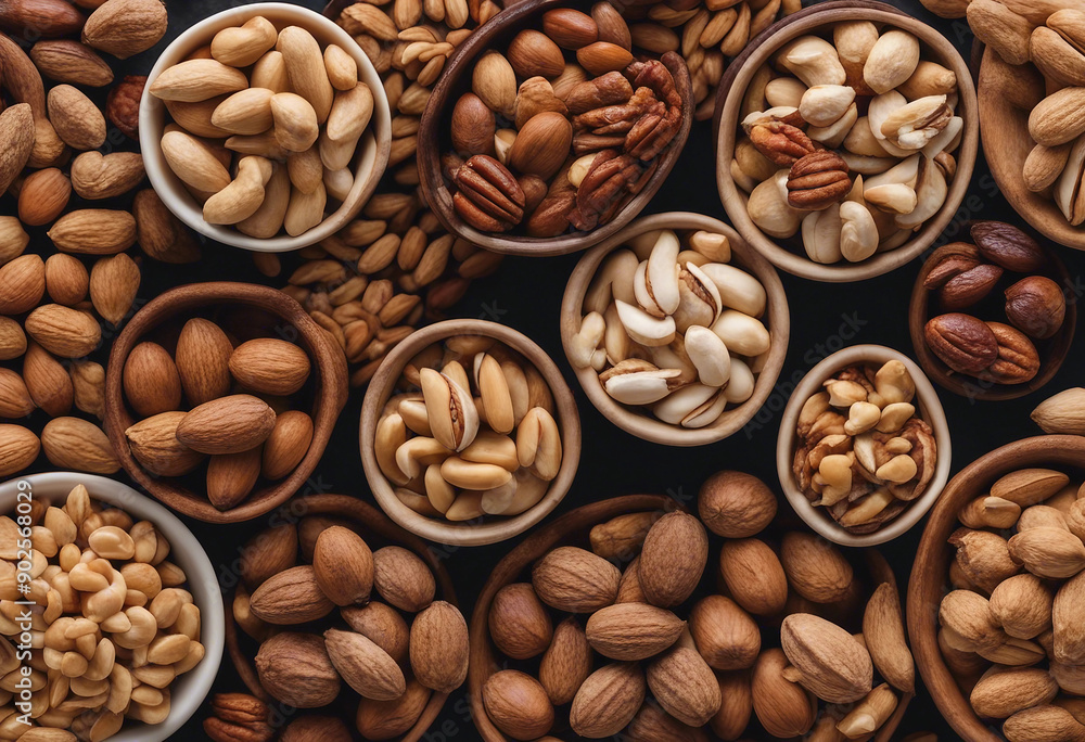 Wall mural top view different kinds of nuts in bowl peanuts pistachio walnuts pecan almond set isolated on tran