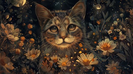 A Feline Amidst Golden Moonlight and Blooming Flowers