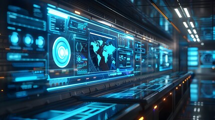 Fototapeta premium Futuristic Workspace with Holographic Screens and Advanced Technology Depicting the Future of Work