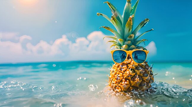 Cool pineapple with sunglasses relaxing in the ocean, capturing the essence of summer and vacation


