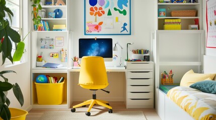 Fototapeta premium A child's homework desk in a brightly lit bedroom, featuring colorful stationery, educational posters, and a small computer. 