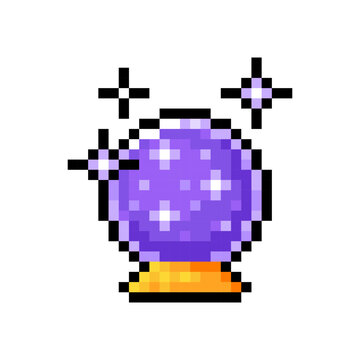 Magic crystal ball isolated on transparent background. Purple fortune teller globe icon. Halloween decoration. Vector pixel art illustration in 16 bit old style.