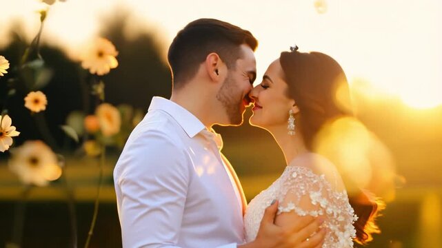 A married couple, a bouquet of flowers, and a smile for a wedding, marriage, or committed love