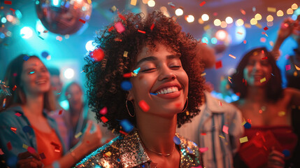 Joyful woman celebrates at a vibrant party with friends, surrounded by confetti and colorful lights, evoking a sense of happiness and togetherness.
