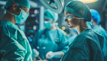Surgical Team in Operating Room During Procedure. Medical Professionals Performing Surgery