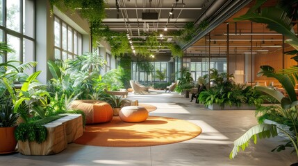 Modern office space with abundant indoor plants, large windows, and natural lighting creating a refreshing and productive work environment.