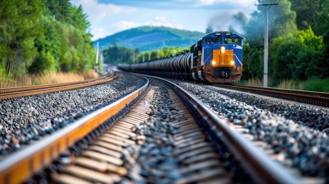 A train traveling down train tracks next to a forest