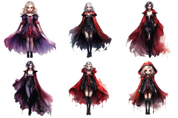 Fototapeta premium Six Anime Girls in Red Capes and Dresses