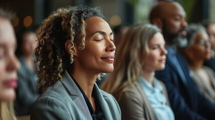 Obraz premium People in business attire sitting attentively in a conference, some with eyes closed, focused on a speaker or presentation.