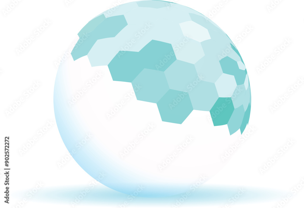 Poster white sphere is partially covered with a honeycomb pattern glowing from within, suggesting futuristi
