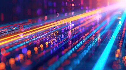 Vibrant digital abstract showcasing lines of light and binary code in a colorful data stream; perfect for technology themes.