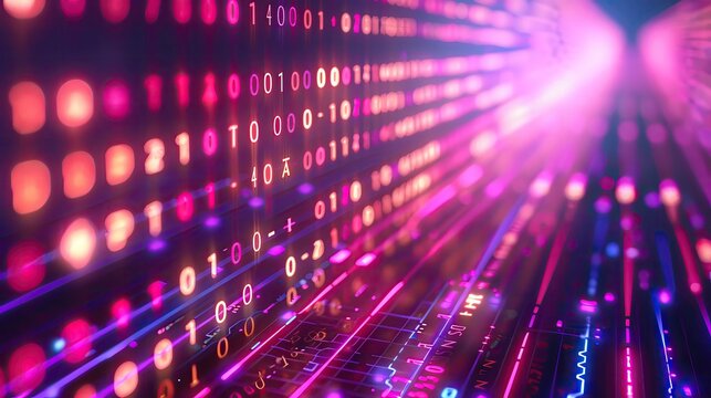Vibrant digital data flow with striking colors, showcasing binary code in a futuristic environment for technology themes.
