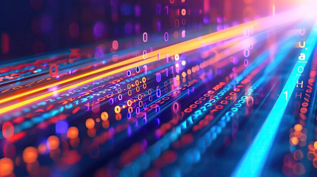 Vibrant digital abstract showcasing lines of light and binary code in a colorful data stream; perfect for technology themes.