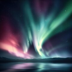 A stunning display of northern lights illuminates the night sky with vibrant colors over a calm lake, creating a magical atmosphere.