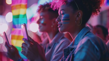 Two young adults at a vibrant night event with rainbow pride flag, using smartphones and enjoying the celebration.