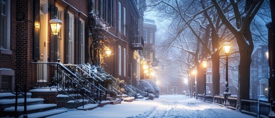 A serene early morning scene captures a city's first snowfall. Historic buildings and cobblestone streets are blanketed in a pristine layer of white, with street lights casting a warm glow