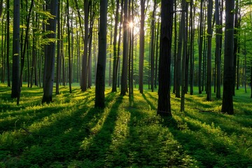 Obraz premium Sunlight streaming through green trees in a serene forest setting.