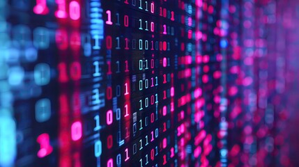 Obraz premium Abstract representation of digital data with binary code in vibrant colors, illustrating technology and information concept.