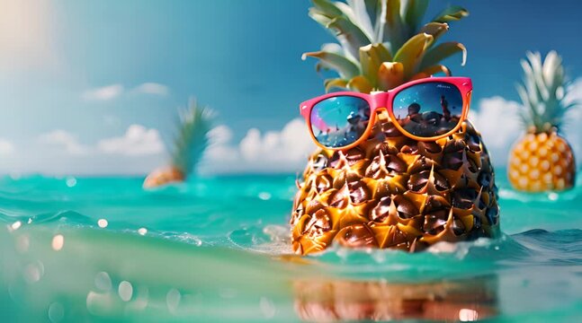 Cool pineapple with sunglasses relaxing in the ocean, capturing the essence of summer and vacation


