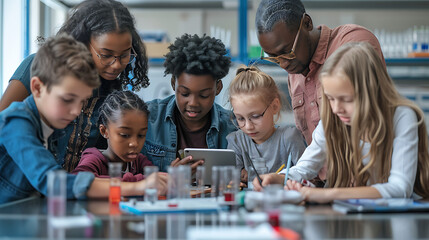 A group of diverse students and a teacher working together on a science project in a bright classroom. They are engaged in discussion, sharing ideas, and using various educational tools like 