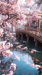Naklejka premium Serene pond scene with koi fish, cherry blossoms, and a traditional wooden bridge, evoking tranquility and natural beauty.