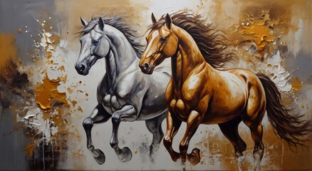 A painting of abstract oil. Art painting, gold, horse, canvas, wall art, modern artwork, paint spots, paint strokes, knife painting, large stroke painting, mural, black, white