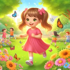 Fototapeta premium a cartoon girl running in a field of flowers and butterflies.