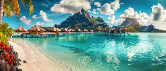 A peaceful and tranquil lagoon in Bora Bora, French Polynesia, with crystal-clear waters and overwater bungalows dotting the shoreline